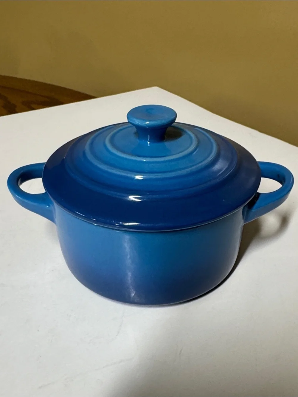 Le Creuset Mini Round Cocotte Marseille Blue Stoneware with Lid 8 oz